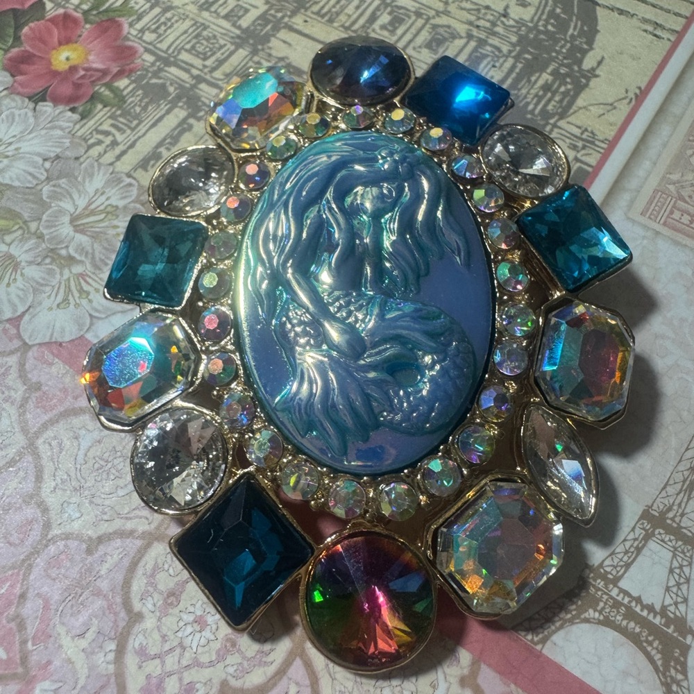 Mermaid Brooch with Colorful fabulous stones. A turquoise color huge very shiny!